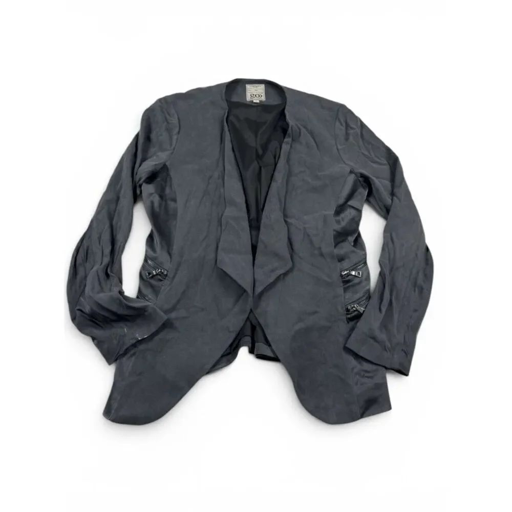 Go Silk Open Front Blazer Gray Moto Layering Lightweight Edgy Chic Jacket Size 6